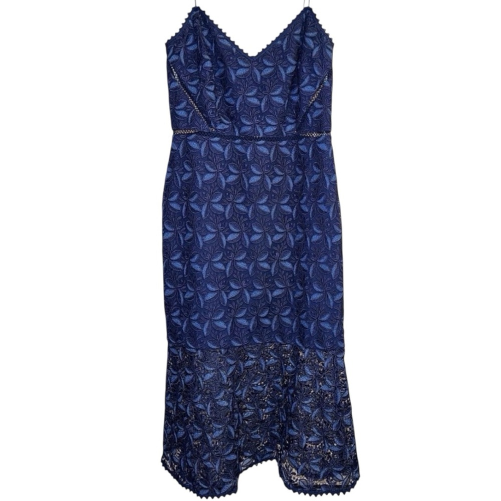 NWT Monique Lhuillier Blue Embroidered Lace Midi Dress Sz 12